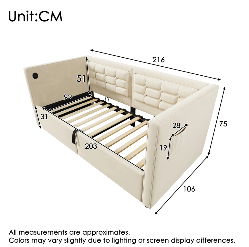 Divano letto 90x200 cm in velluto beige con contenitore， USB e Type-C， senza materasso