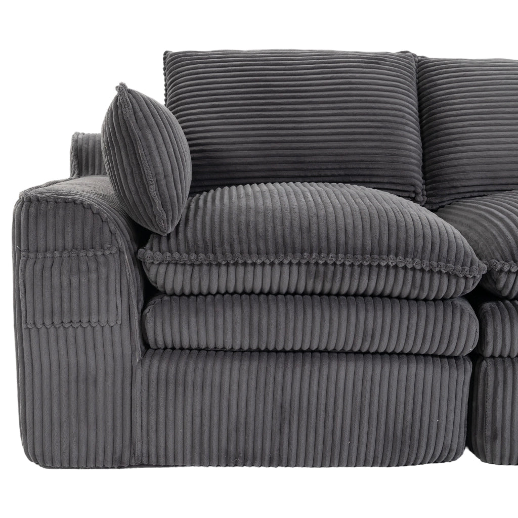Divano 2 posti in corduroy grigio scuro con cuscini e tasche laterali, 191x94x85 cm