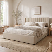 Letto matrimoniale imbottito con contenitore e sistema idraulico 160x200 cm; in lino beige
