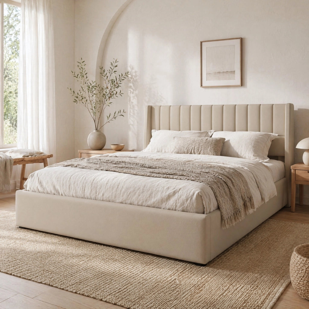 Letto matrimoniale imbottito con contenitore e sistema idraulico 160x200 cm; in lino beige