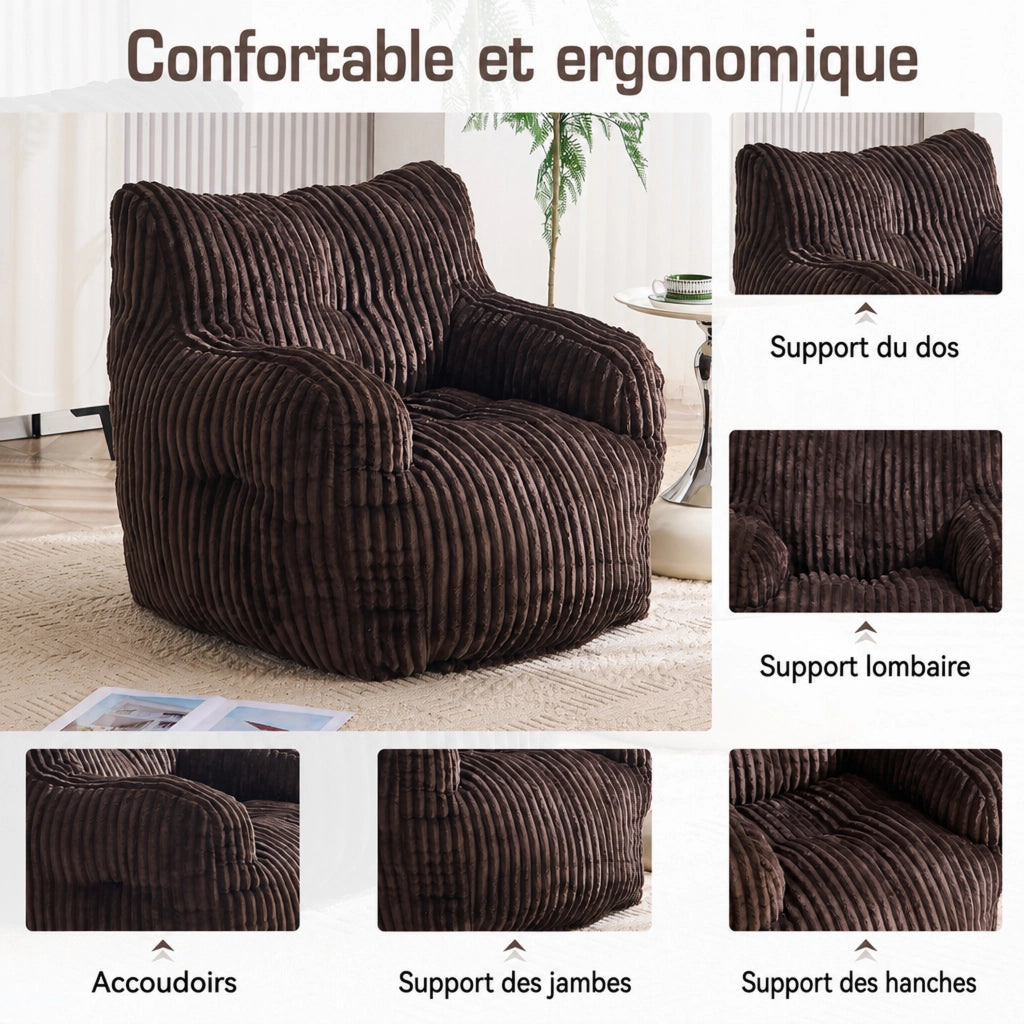 Pouf sacco in corda con imbottitura in schiuma viscoelastica marrone per soggiorno e camera 100 × 94 × 70 cm