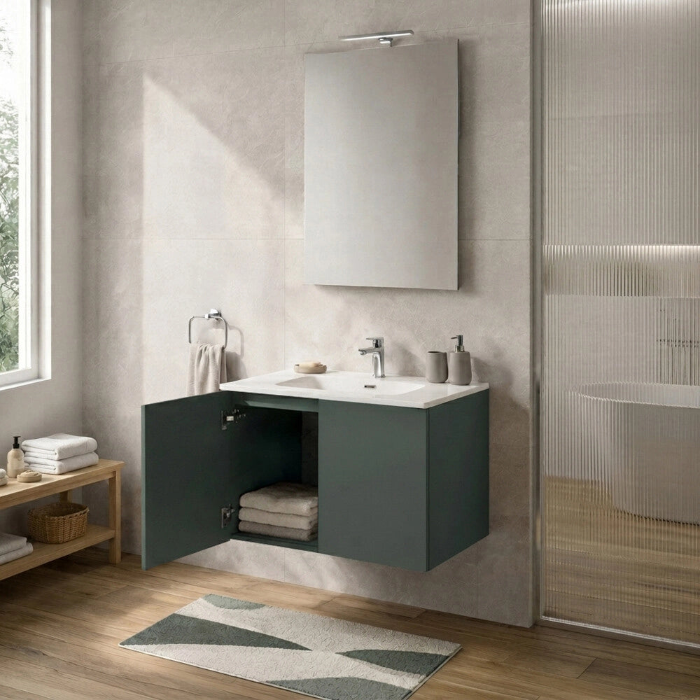 Mobile bagno sospeso 80 cm verde due ante e lavabo Tierra
