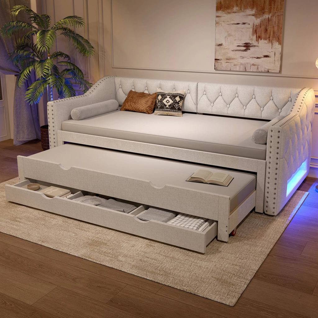 LETTO Giorno 90x200 cm Beige con LED, letto estraibile e 3 cassetti