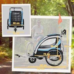Rimorchio bici per bambini 2 in 1 blu con funzione passeggino, cintura a 5 punti e ruote da 20 pollici
