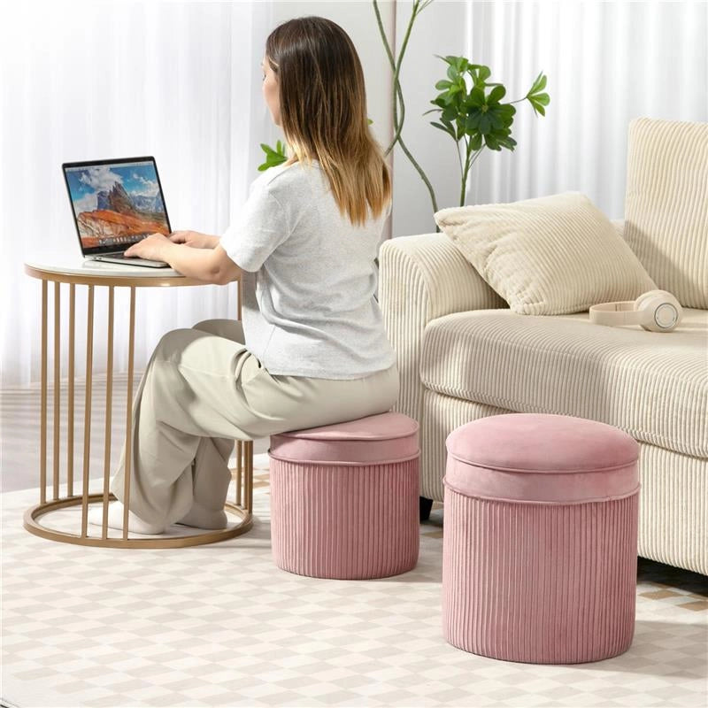 SET 2 POUF POGGIAPIEDI ROTONDI IMPILABILI E IMBOTTITI CON RIVESTIMENTO IN VELLUTO, CONTENITORE DA 34.8L, ROSA
