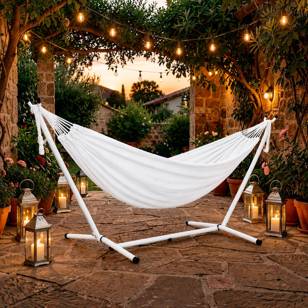 Amaca Brasiliana Con Supporto In Acciaio Altezza Regolabile Telo Cotone Da Esterno Per Giardino Balcone Piscina 100 x 110 x 265 Cm Bianco