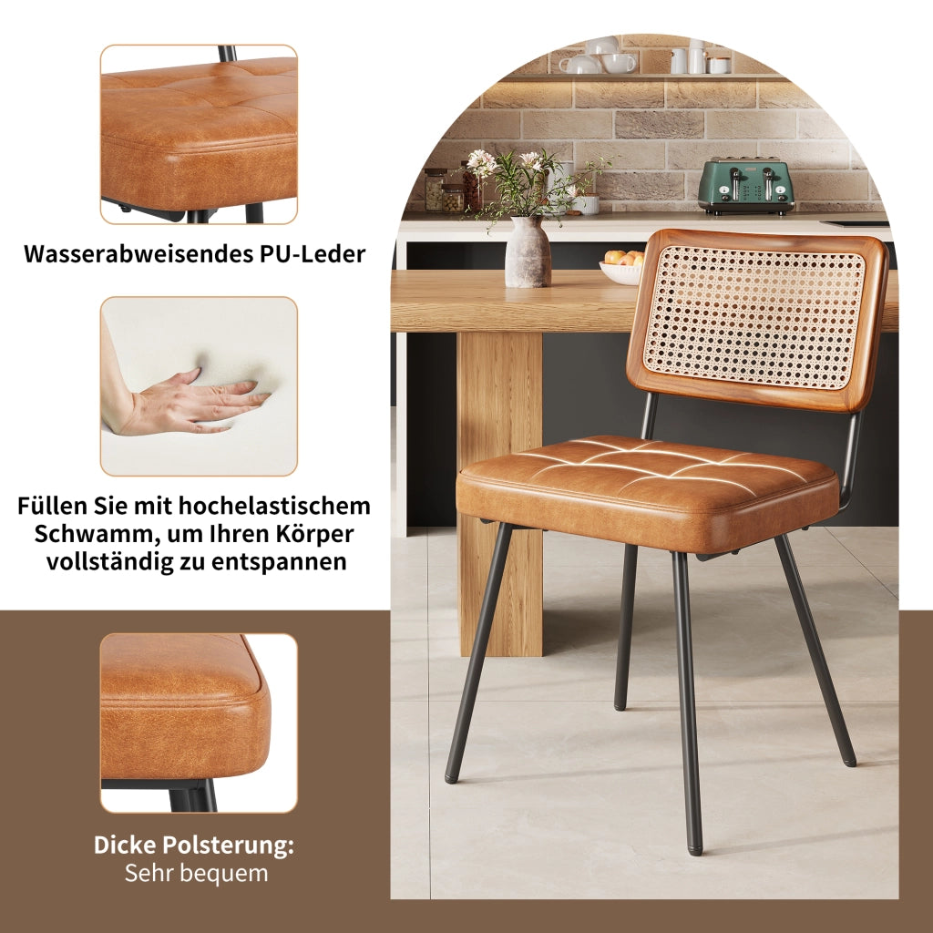 Sedia da pranzo in PU con schienale in rattan PE, seduta imbottita ed ergonomica, gambe in metallo marrone