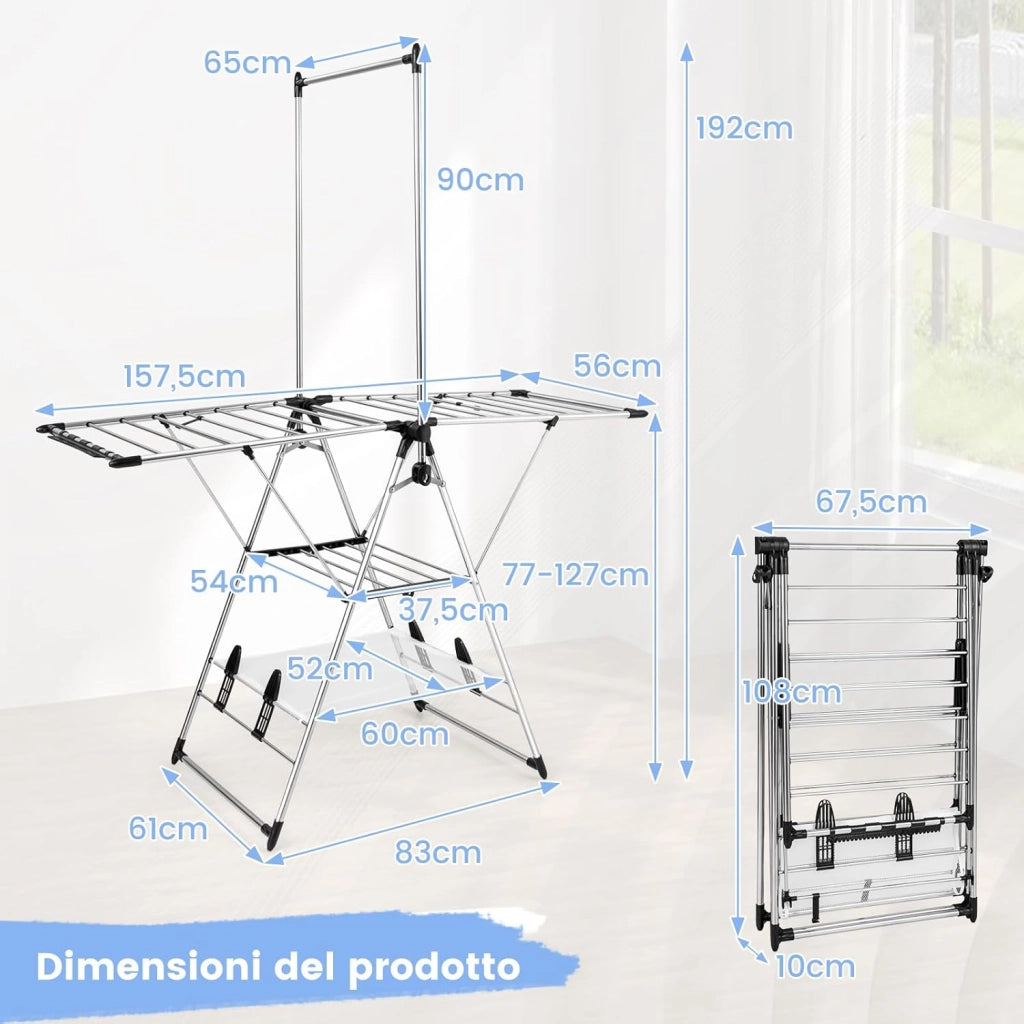 Stendino a Torre in Alluminio, Stendibiancheria Pieghevole con Altezza Regolabile a 6 Livelli, Appendiabiti Salvaspazio per Abiti Scarpe e Calze, 157,5x61x192 cm