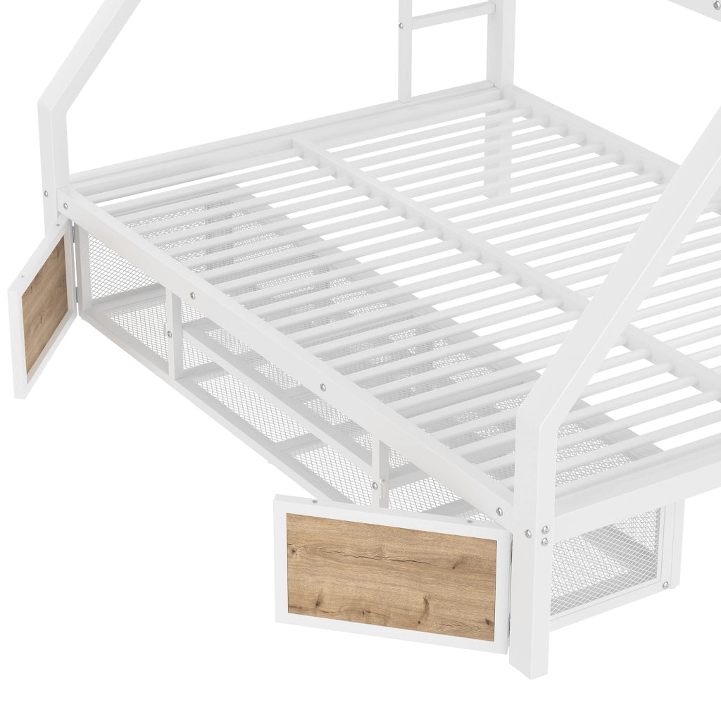 Letto a castello 90×200 cm e 140×200 cm con scarpiera; vani portaoggetti; scala; senza materasso; bianco
