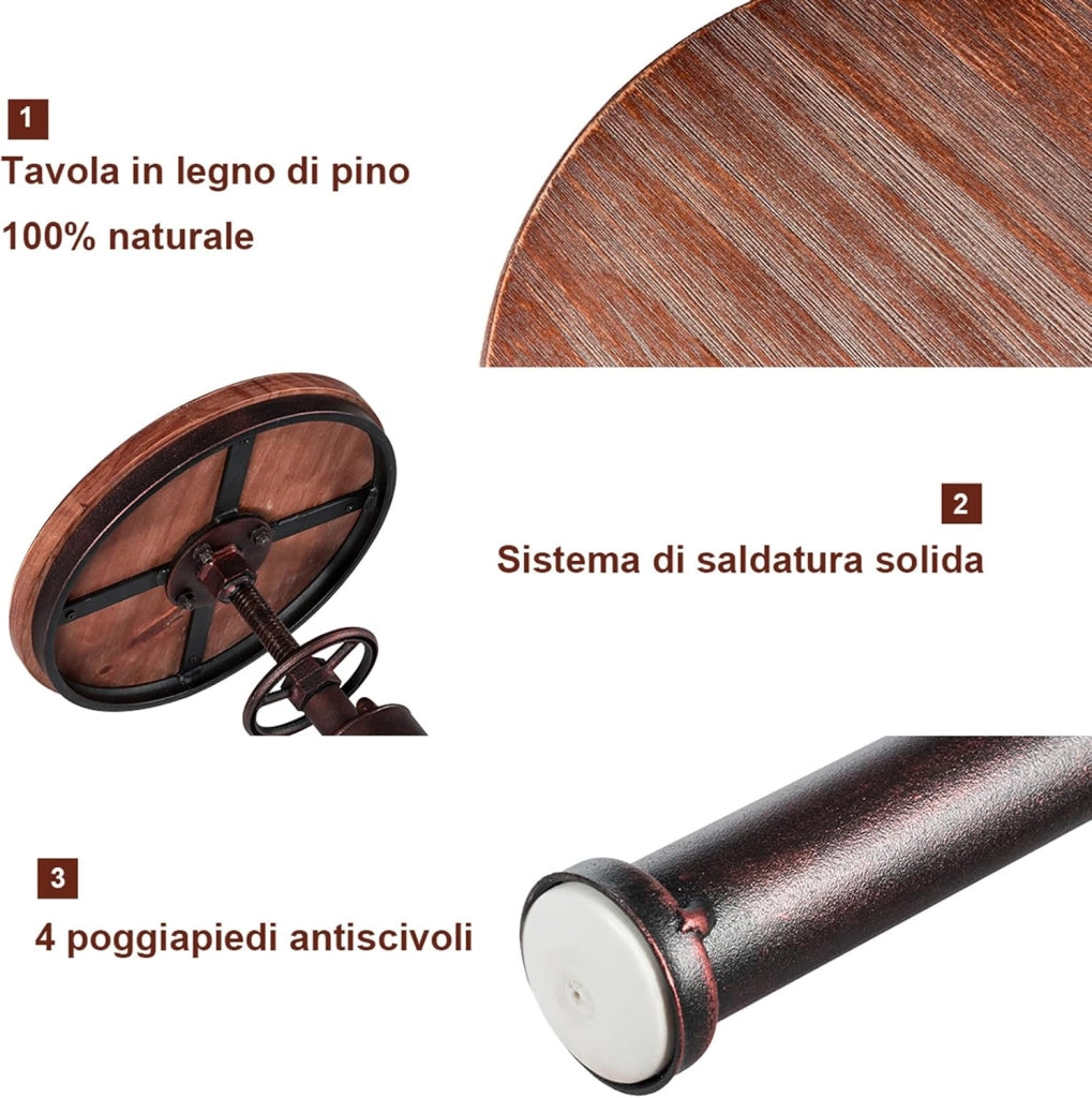 Sgabelli da Bar Industriale Girevole 360°, con Poggiapiedi, Sgabello Cucina Seduta Tonda Altezza Regolabile 60-75 cm, in Ferro e Pino (Marrone, 1)