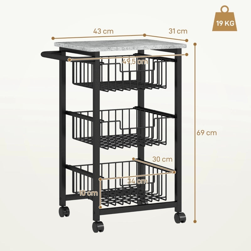 Carrello da Cucina con 3 Cestelli Estraibili e Ruote; con Maniglia; per Cucina o Bar; Legno; 49;5 x 31 x 69 cm; Grigio Chiaro