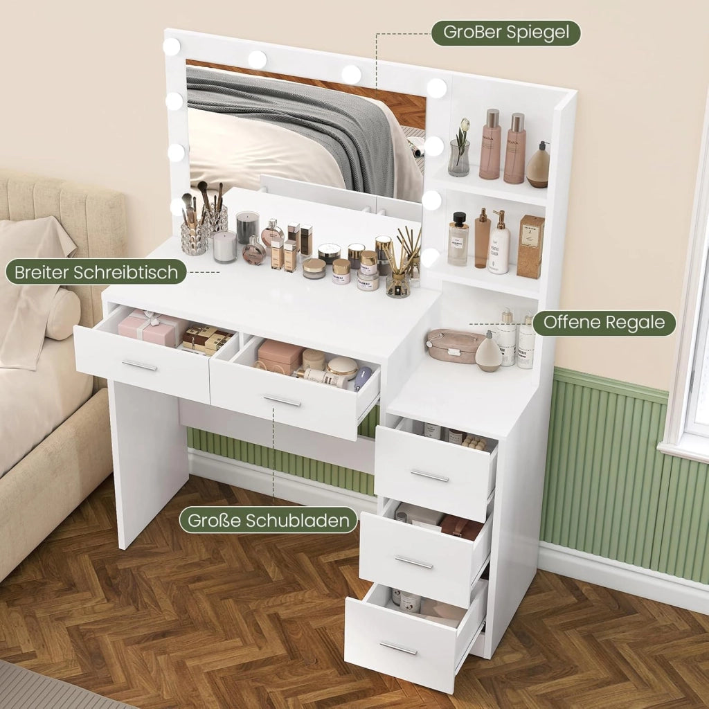 FIONESO 110cm Toeletta Trucco con Luci a Luminosità Regolabile, Grande Specchio, Postazione Trucco con 5 Cassetto e, 2 Ripiani Aperti, Moderno, Bianco