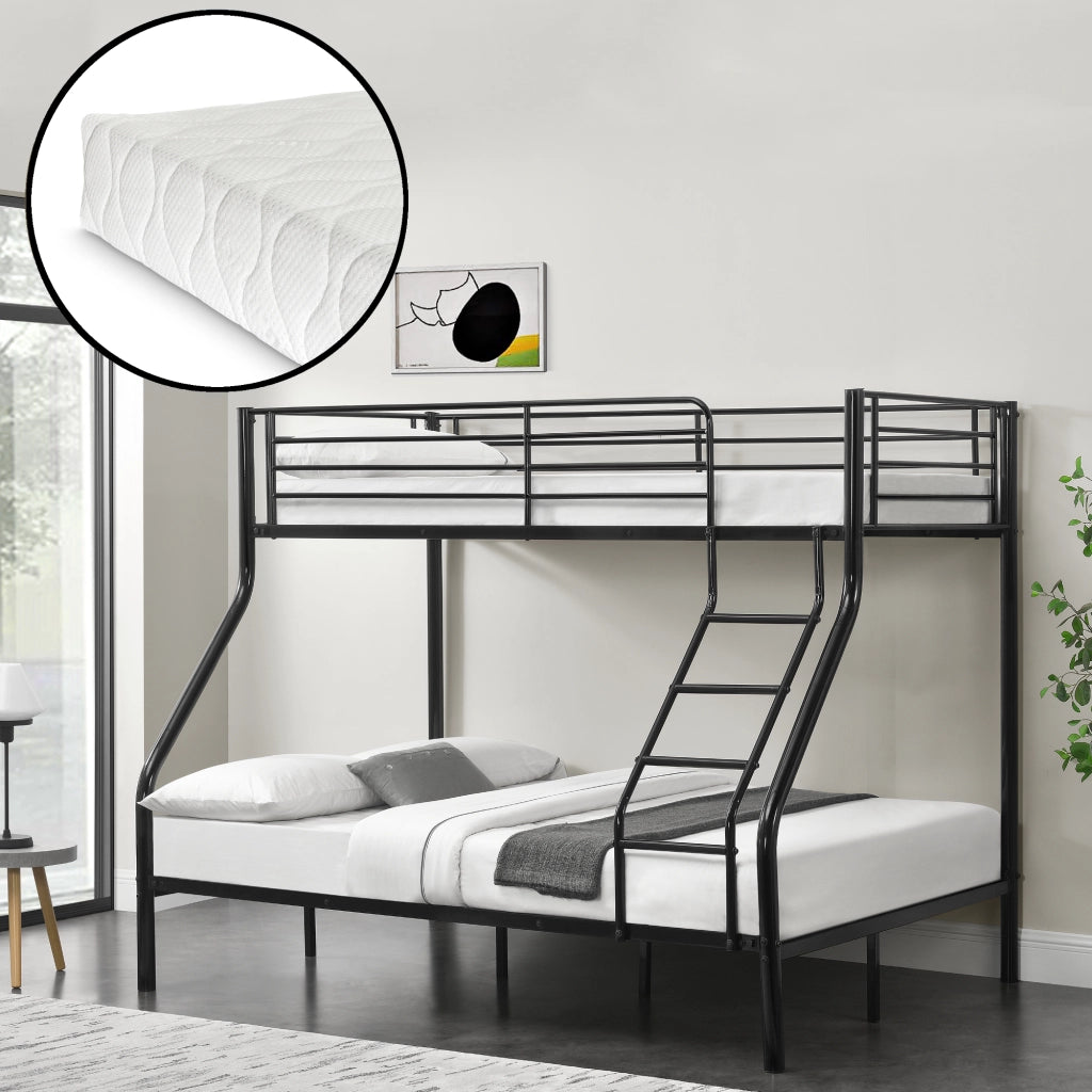 [neu.haus] Letto a castello metallo 2 Materassi a schiuma fredda Barriera anticaduta 200cm x 140/90cm Letto per bambini Nero