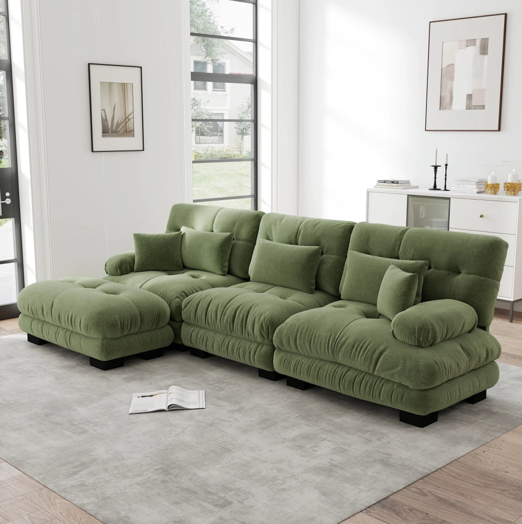 Divano modulare angolare in chenille verde con ottomani mobili