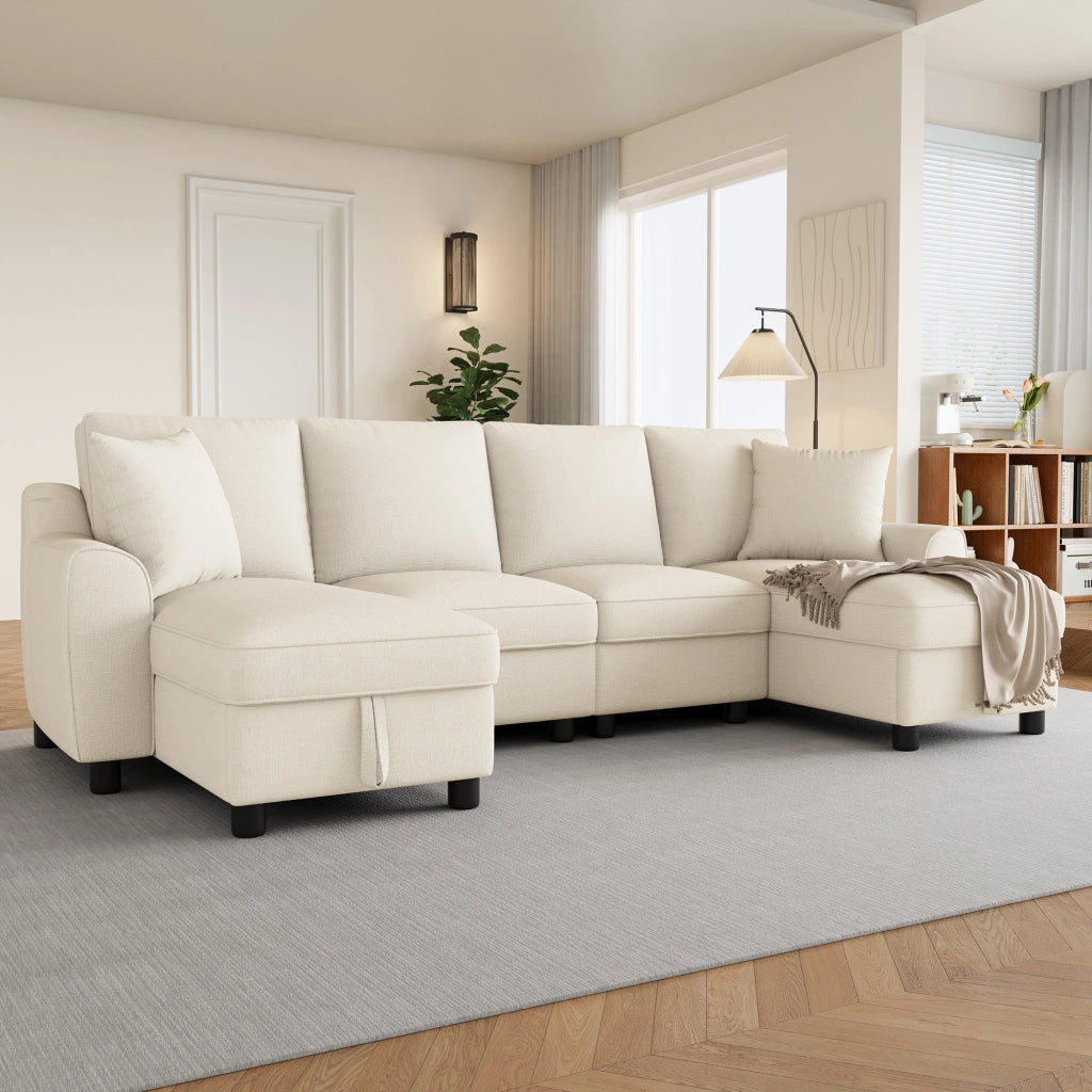 Divano modulare a U con contenitore e 2 cuscini - in chenille beige - 280 × 137 × 84 cm