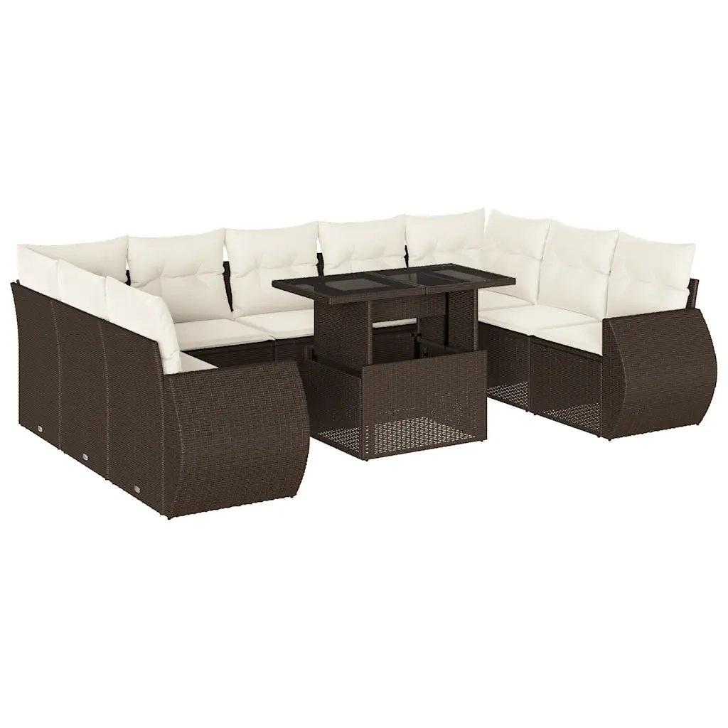 Set Divani da Giardino 10pz con Cuscini in Polyrattan Marrone