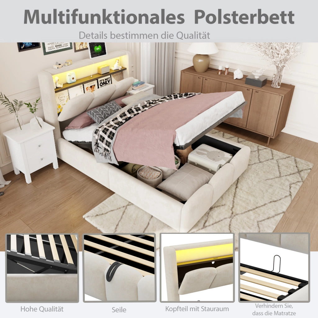 Letto imbottito per bambini con contenitore idraulico, USB-C e LED, 90x200 cm, velluto beige