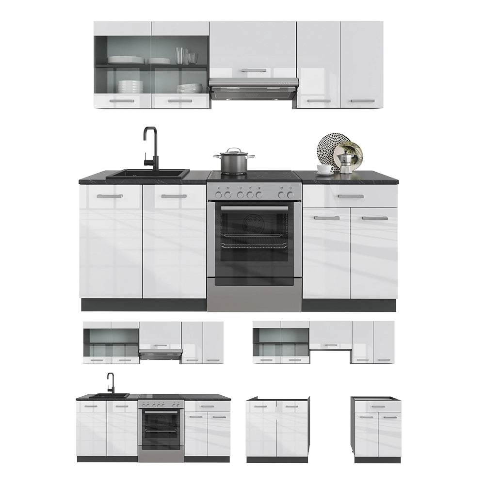 Vicco Cucina componibile Bianco lucido/antracite 200 cm senza piano di lavoro
