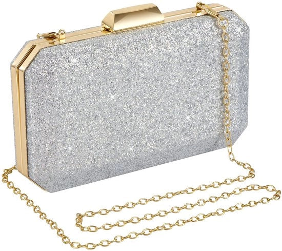 Clutch per donna con catena glitter, borsa lucida in argento, taschino piccolo per matrimonio e festa