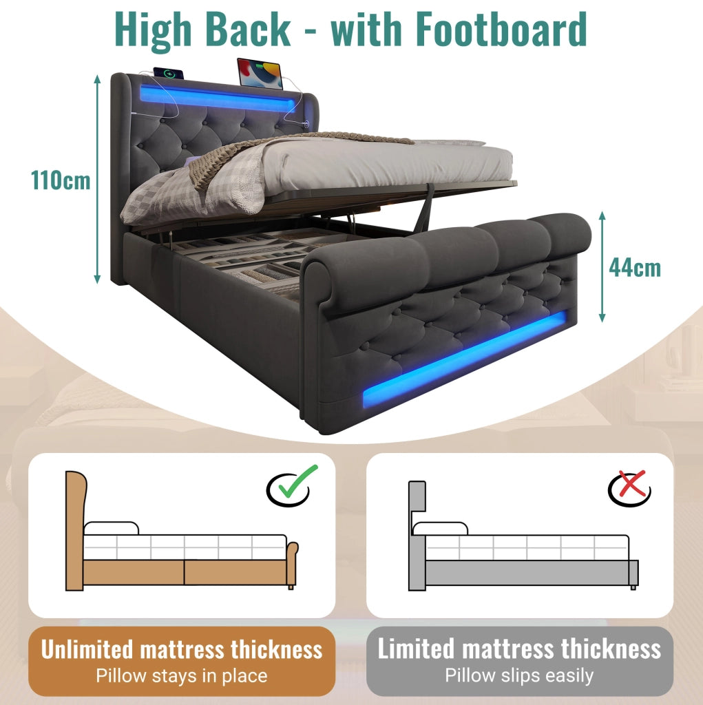 Letto imbottito ULEVR 90x200 cm con contenitore idraulico, LED, USB e Type-C, velluto grigio con materasso