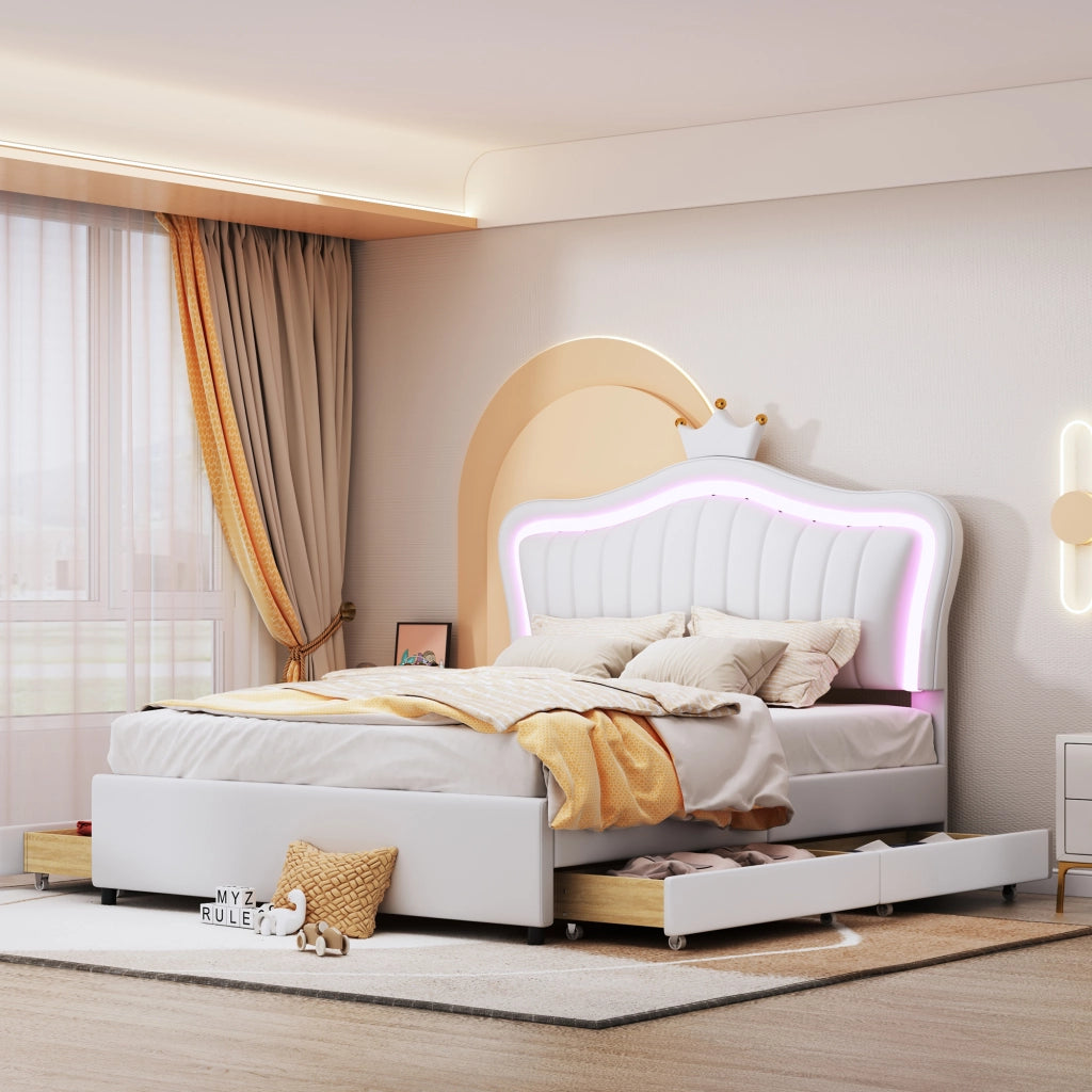 Letto per bambini imbottito 140×200 cm con 4 cassetti; LED e testiera a conchiglia; senza materasso; bianco