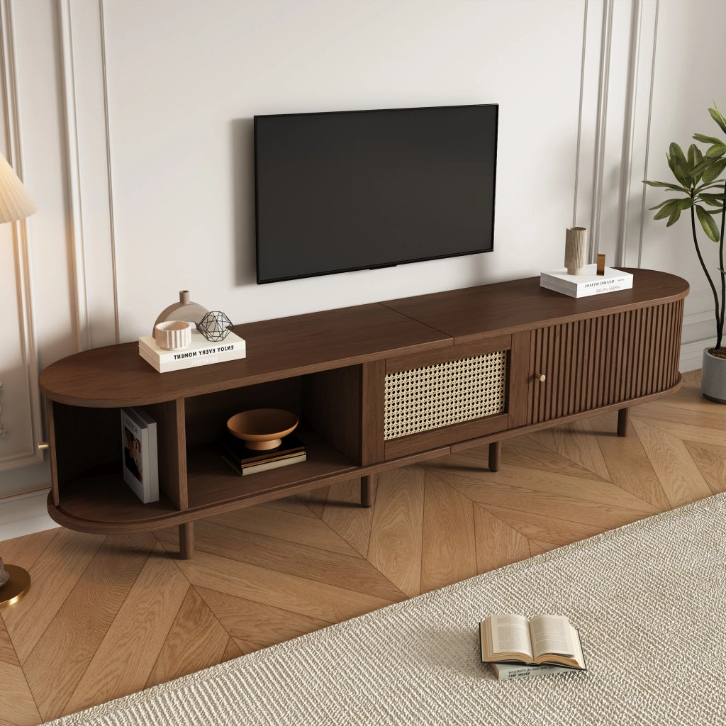 Mobile TV ovale in MDF con finitura noce scuro e dettaglio effetto rattan, 180 cm, 30 kg