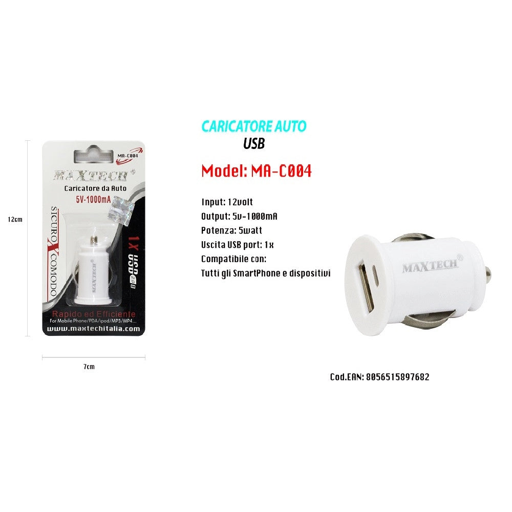 Trade Shop - Caricatore Auto Caricabatteria Presa Universale Usb 2a Smartphone Ipod 5v-1500ma Maxtech Ma-c004 -