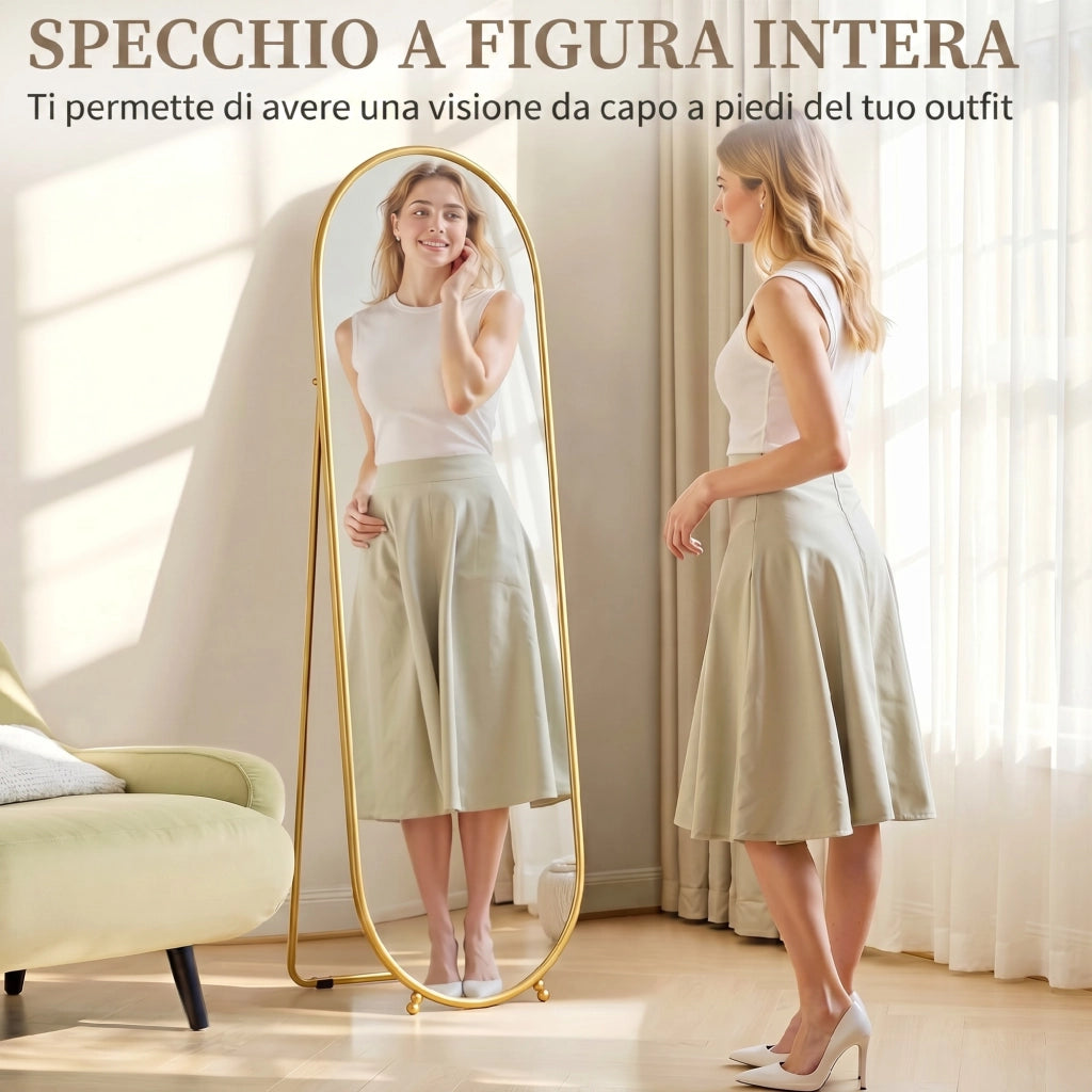 Specchio Verticale Ovale da Terra con Supporto, in Vetro e Metallo, 40x41x159 cm, Tonalit¨¤ Oro