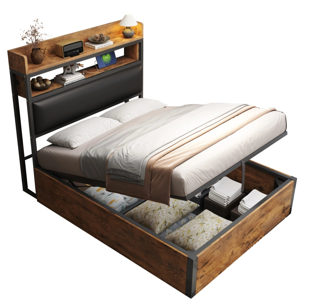 Letto contenitore 90x200 cm con sollevamento idraulico; USB e testiera imbottita in metallo; legno e tessuto