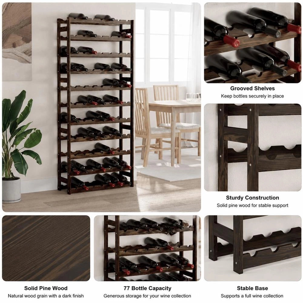 Wine Rack For 77 Bottles, Black Solid Pine Wood