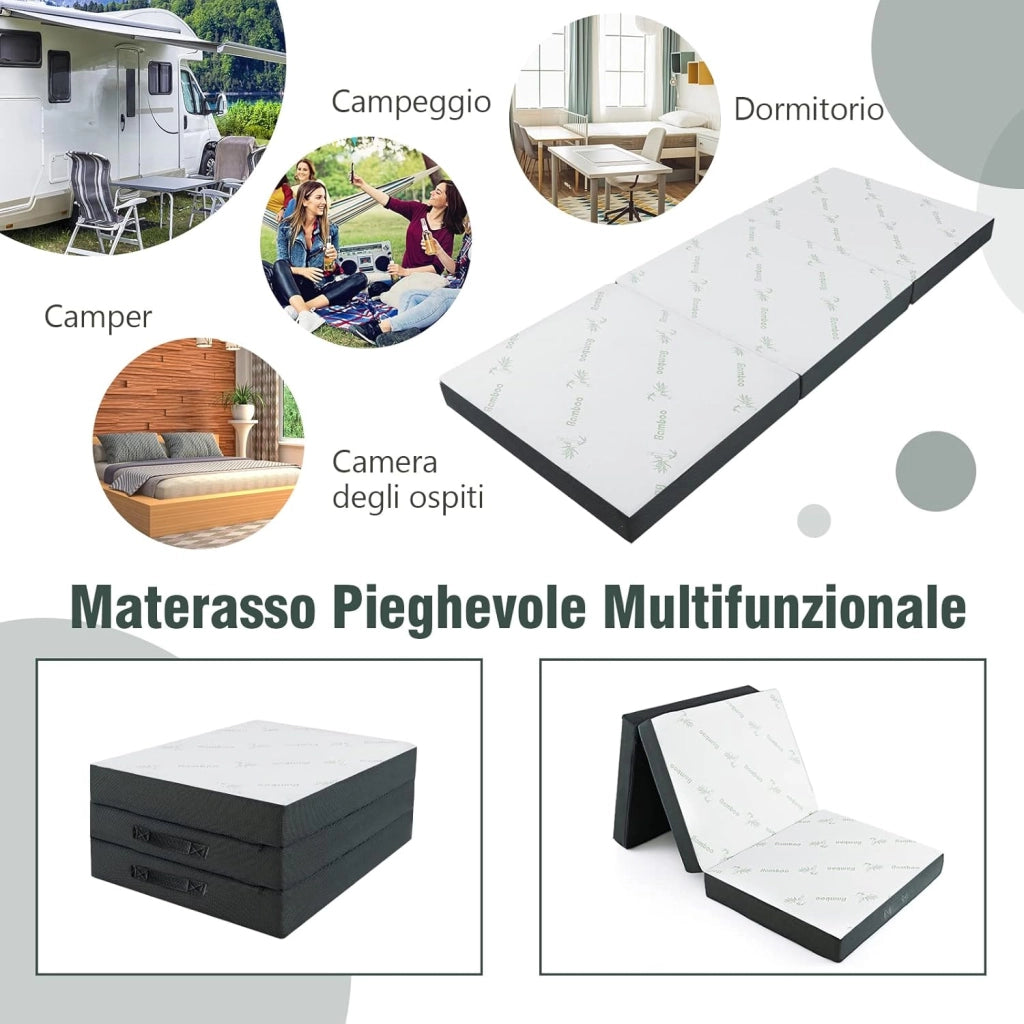 Materasso Pieghevole Ospiti, Materasso da Campeggio Pieghevole in Schiuma con Rivestimento in Fibra di Bambù, Lettino per Ospiti, 193 x 80 x 10 cm