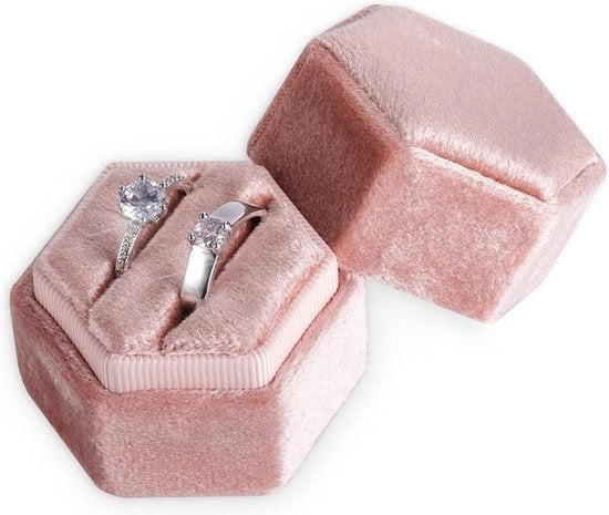 Cassetta di conservazione in velluto con doppie tasche - cassetta di conservazione a sei angoli per cerimonia di fidanzamento e matrimonio - San Valentino - 2 anelli (rosa pallido perzico) .