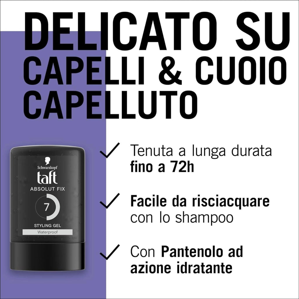 SCHWARZKOPF GEL N 7 TAFT ABSOLUT FIX STYLING GEL 300 ML PER CAPELLI RESISTENTE ALL'ACQUA VEGANO E WATERPROOF