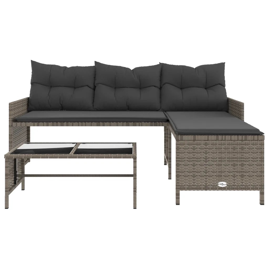Divano da Giardino con Tavolo e Cuscini a L Grigio Polyrattan 365574