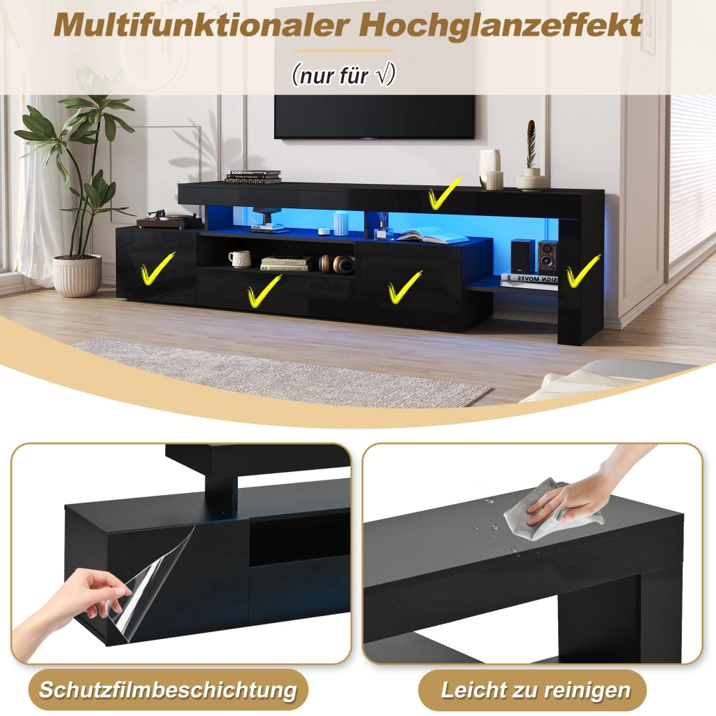 Mobile porta TV con LED, 3 ante e vani aperti, per soggiorno, in pannello truciolare, nero, 192 × 37 × 53 cm