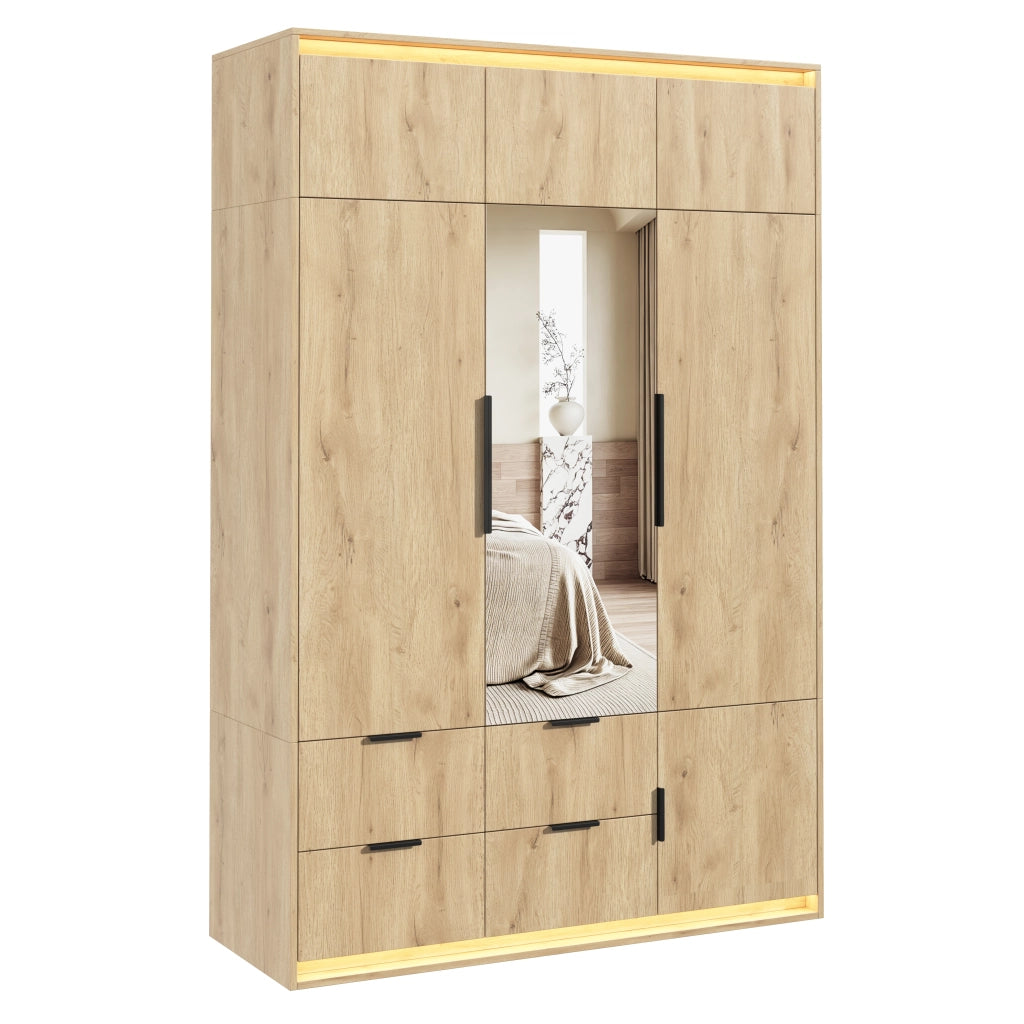 Armadio con specchio e LED, 3 ante, 4 cassetti e 8 vani, per camera da letto, in MDF rovere, 135 × 47 × 200 cm