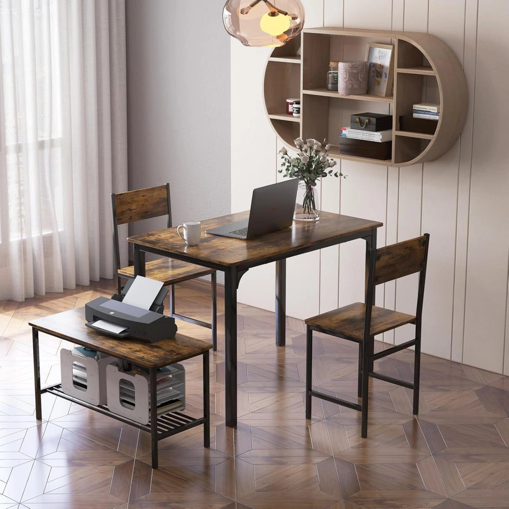 Set di tavolo da pranzo per 4, tavolo da cucina con 2 sedie e 1 panca, set da pranzo industriale con struttura in metallo e scaffale, set da pranzo moderno e funzionale (caffè)
