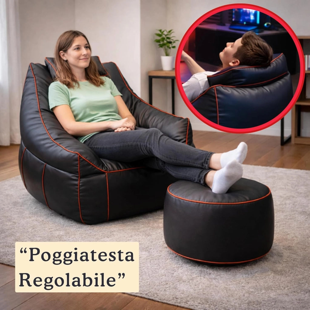 Set Pouf Poltrona Gaming XXL + Pouf rotondo - Comfort per relax e gaming - Poggiatesta regolabile, 2 tasche - Per divano, soggiorno e postazione gaming (110×100×90 cm, Rosso)