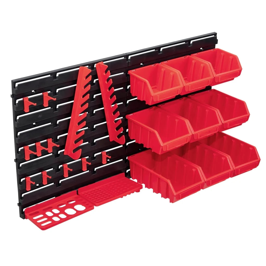 Kit di contenitori portaoggetti e pannelli da parete da 34 pezzi scatola impilabile sistema di stoccaggio degli attrezzi per garage officina fai da te rosso e nero 02_0003849