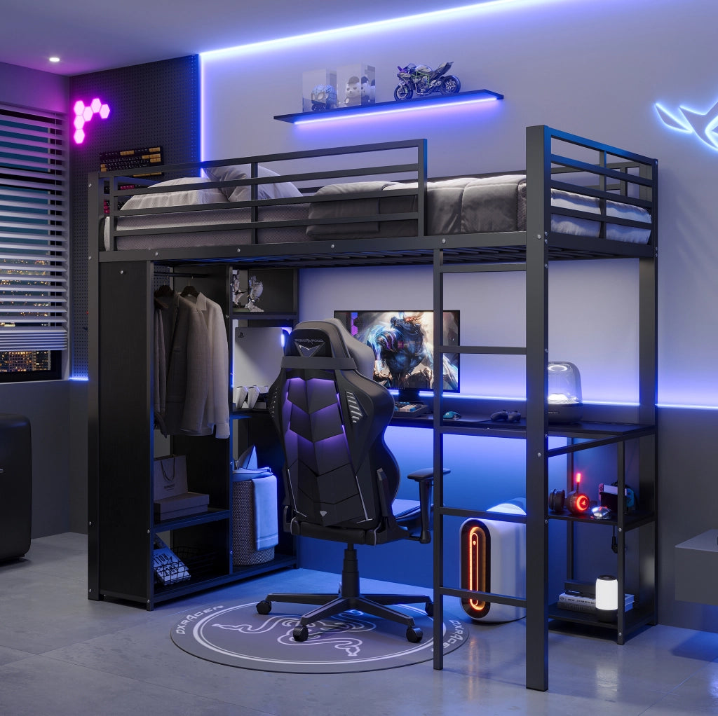 Letto a soppalco 90x200 cm con scrivania e LED nero