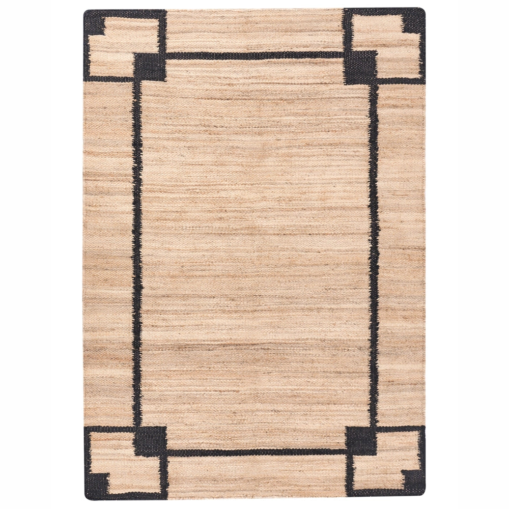 Tappeto beige e nero in juta 160 x 230 cm con motivo rettangolare intrecciato in stile rustico per soggiorno e camera da letto