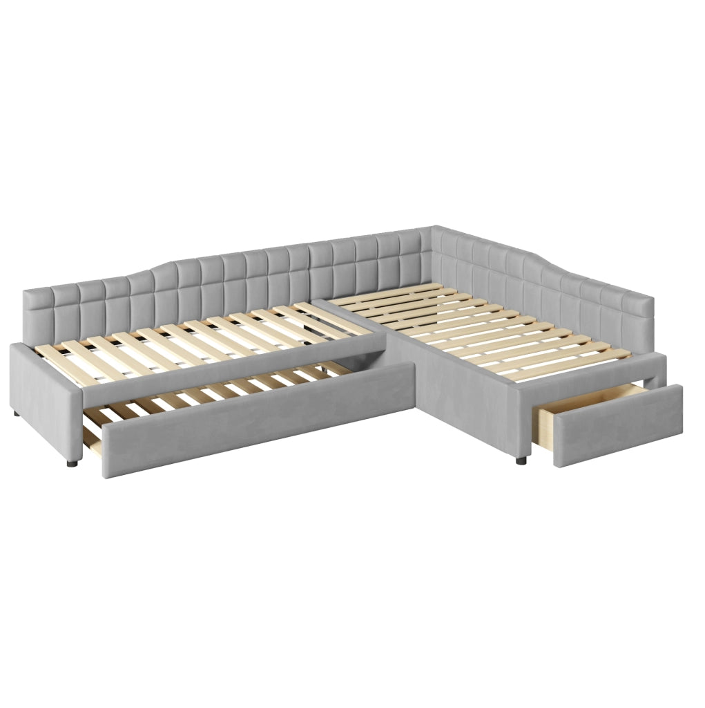 Letto a L 90x200 cm con letto estraibile e cassetti in flanella grigio