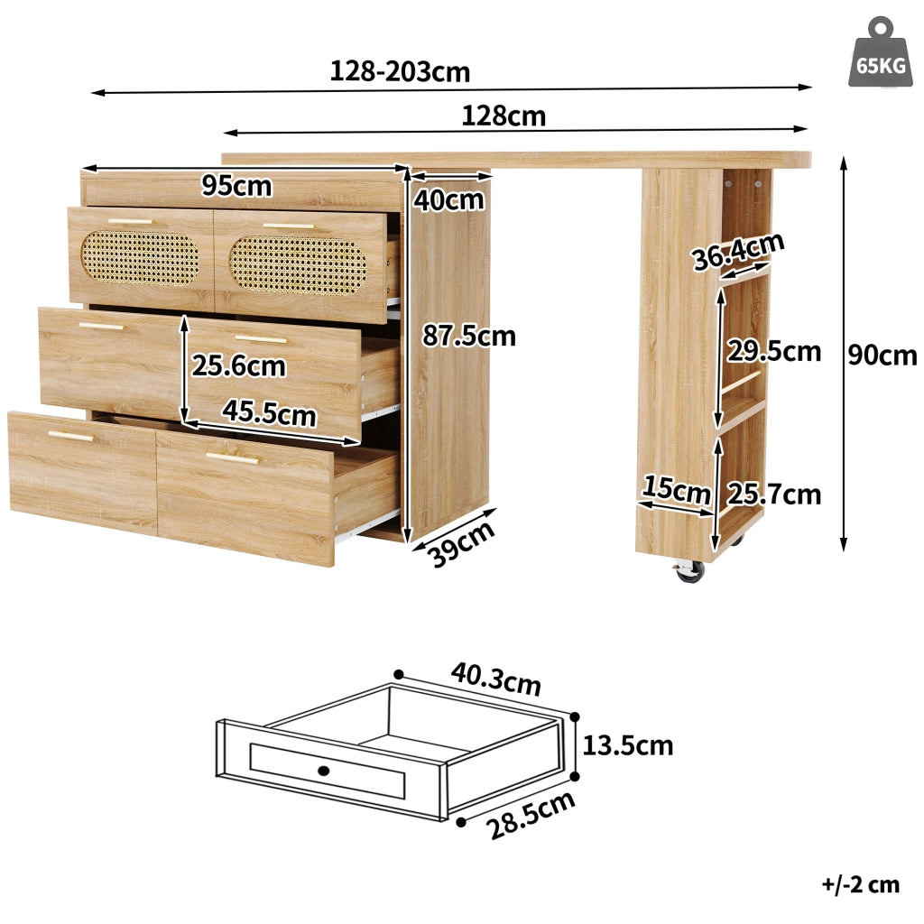 Tavolo Bar con 6 Cassetti e Ante in Rattan ¨C MINIMAL ¨C Metallo, Girevole 360¡ã