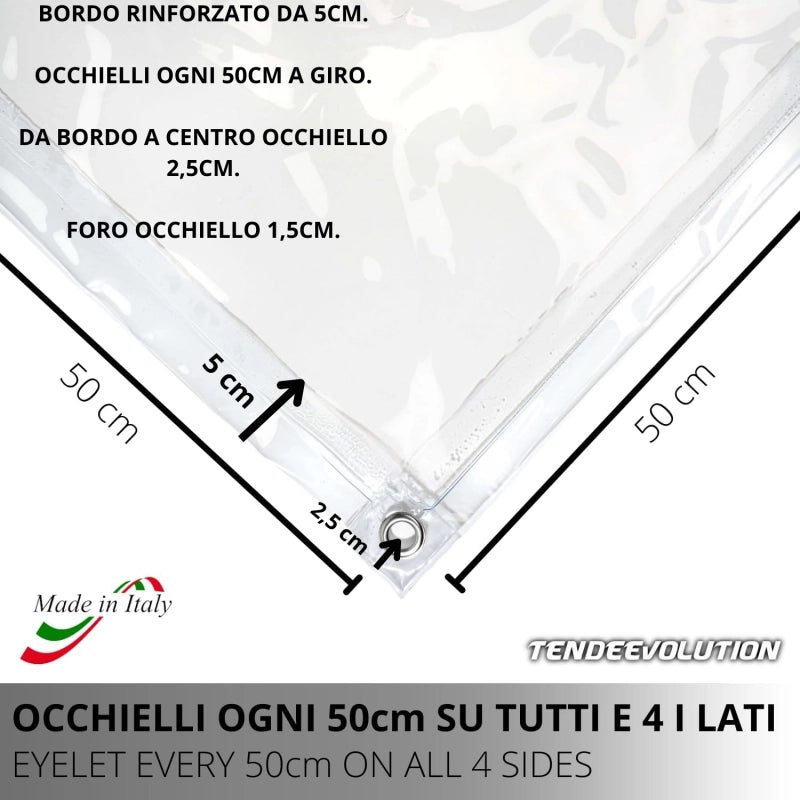 Telo PVC Cristal 5x3m, Spessore 0,65MM, 750g/m² - Trasparente IGNIFUGO con Occhielli 50cm - Resistente UV & Impermeabile - Made in Italy