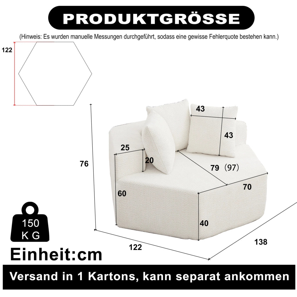 Poltrona lounge esagonale beige in chenille con 3 cuscini morbidi