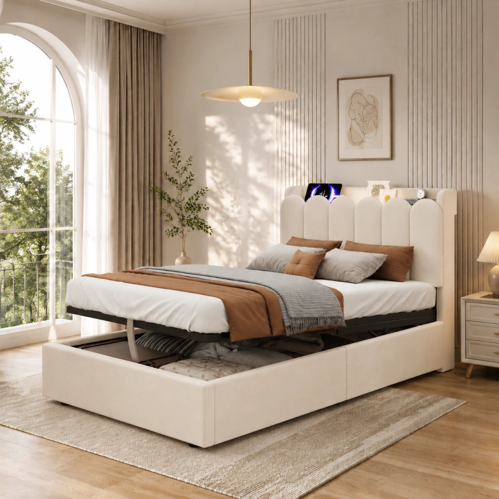 Letto Contenitore per Bambini 90 x 200 cm - USB; Type-C; Lampada e Mensole - Beige