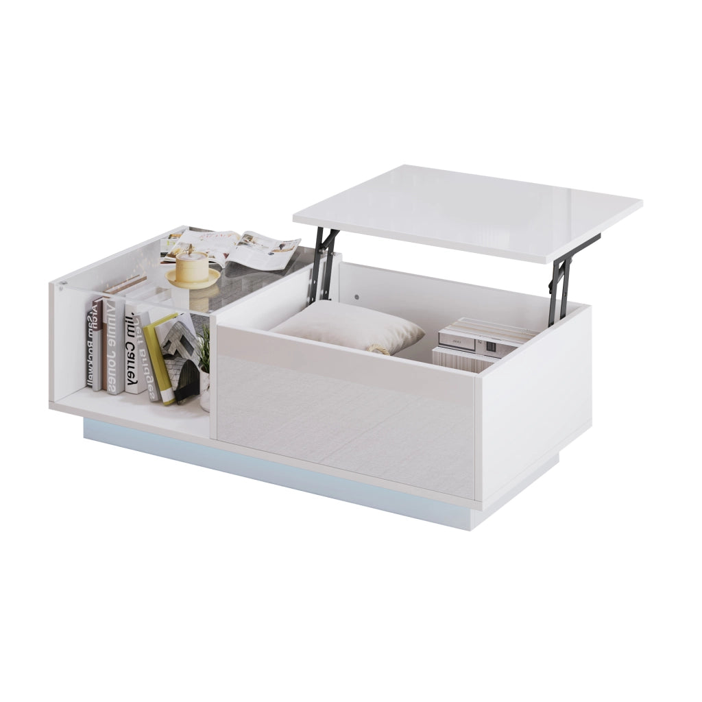 Tavolino basso sollevabile con LED, vano nascosto e ripiano aperto, per soggiorno, bianco, 100 × 50 × 33 cm