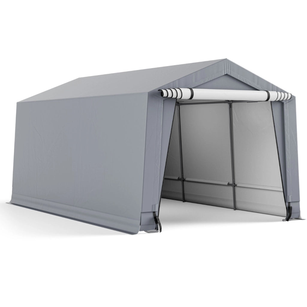 Tettoia per auto con telaio in acciaio zincato travi triangolari rinforzate, Garage portatile con porta Grigio-Accessori per veicoli
