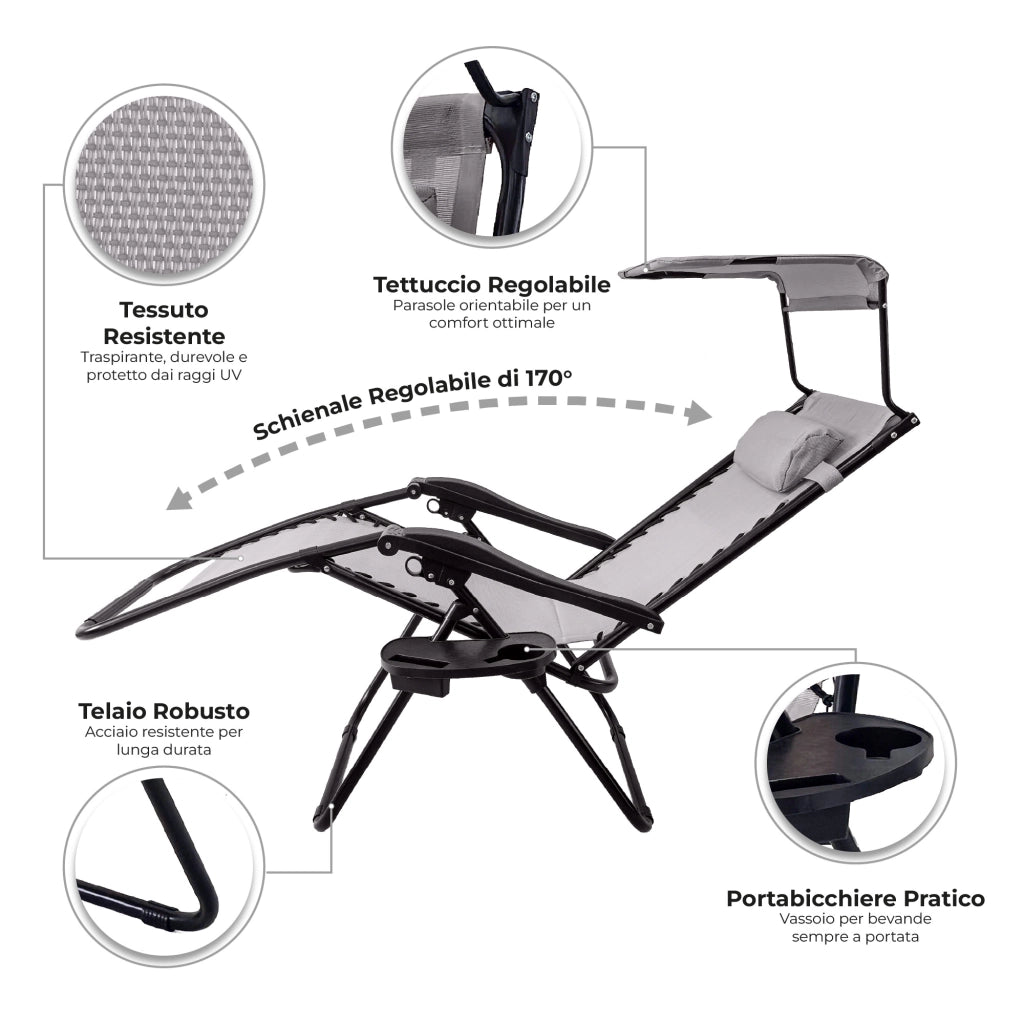 Sedia Sdraio 0 Gravità Pieghevole Professionale con Tettuccio Parasole e Poggiapiedi in Acciaio e Textilene – Reclinabile con Cuscino e Porta Bevande, Ideale per Giardino, Piscina e Campeggio Grigio