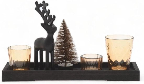 Decorativo set di candelabri con tavola in legno e vetrini per candele - set di regali trendy - tonalità marrone - 17 cm di altezza (tablet nero 32 x 10 x 17 cm)